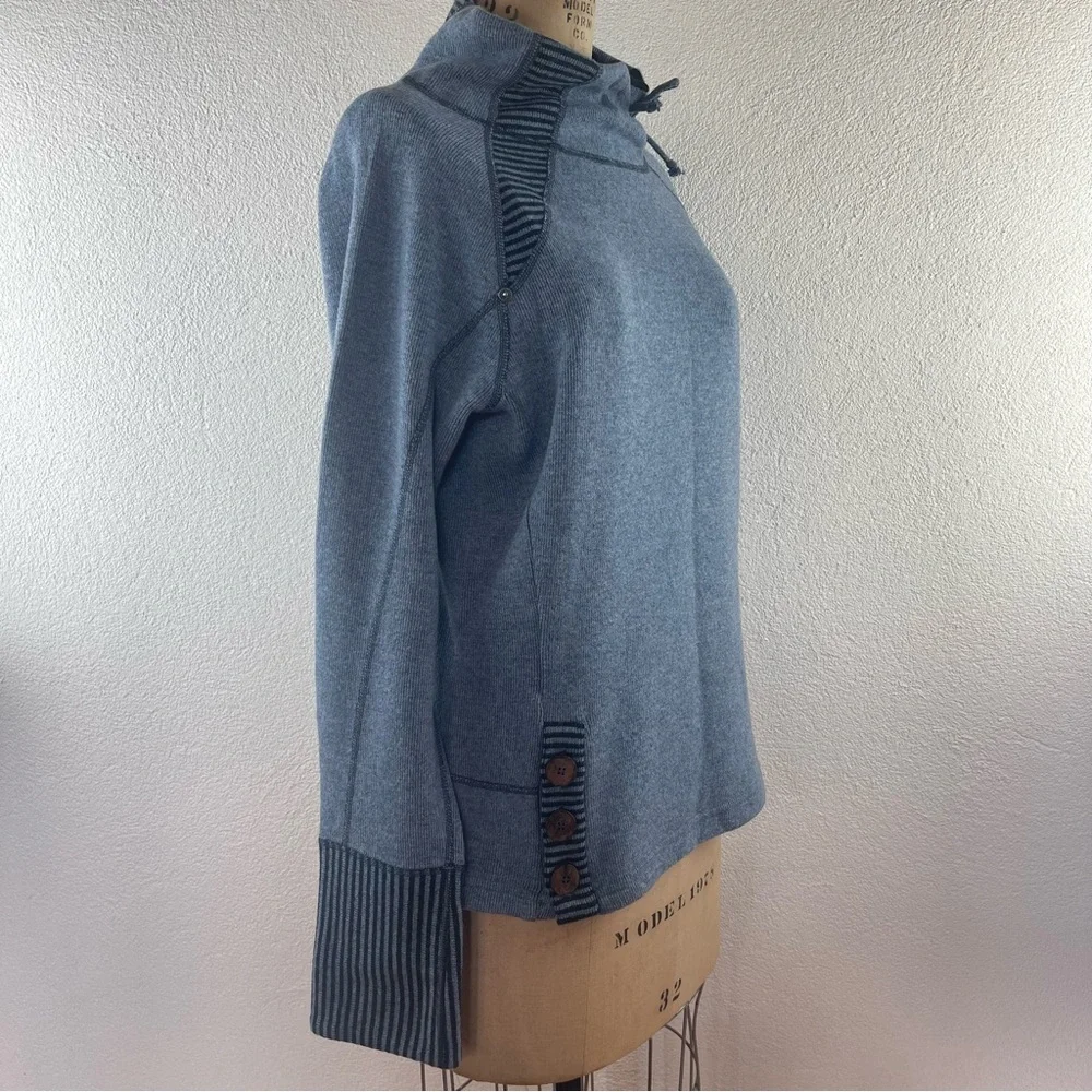 PrAna l M Lucia Wool Blend Funnel Neck Stripe Wood Buttons Knit Pullover Sweater
